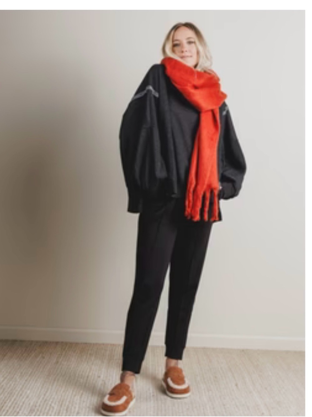 Three Bird Nest Black Oversized Crewneck Sweater with Red Scarf (never worn)